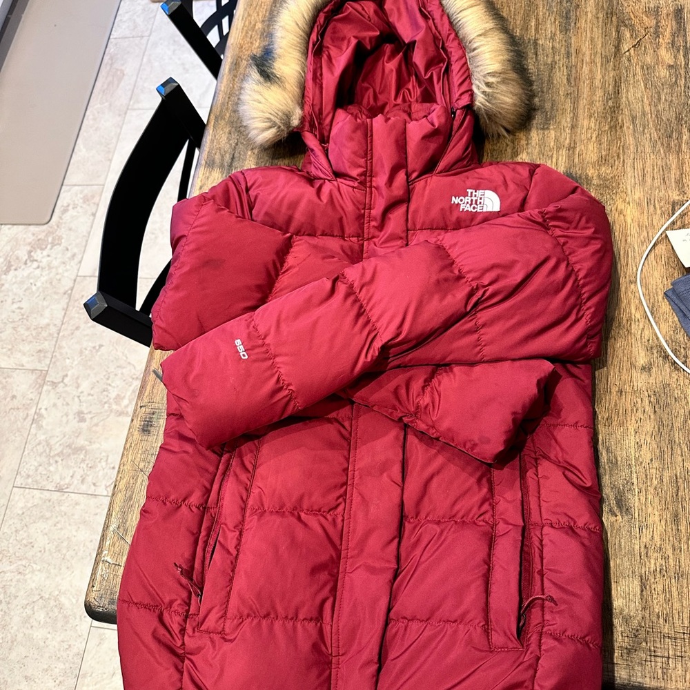 The North Face Women's Burgundy Hooded Down Parka with Faux Fur Trim